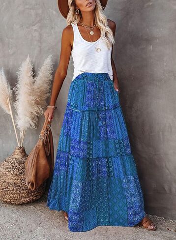 Happy Sailed Womens Floral Print Boho Maxi Skirt Elastic High Waist Pleated Ruffle Flowy Long Skirts S-XL in Kuwait