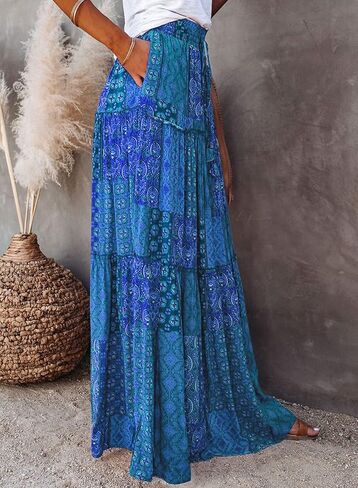 Happy Sailed Womens Floral Print Boho Maxi Skirt Elastic High Waist Pleated Ruffle Flowy Long Skirts S-XL in Kuwait