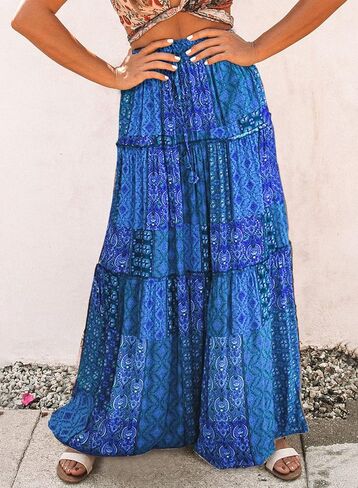 Happy Sailed Womens Floral Print Boho Maxi Skirt Elastic High Waist Pleated Ruffle Flowy Long Skirts S-XL in Kuwait