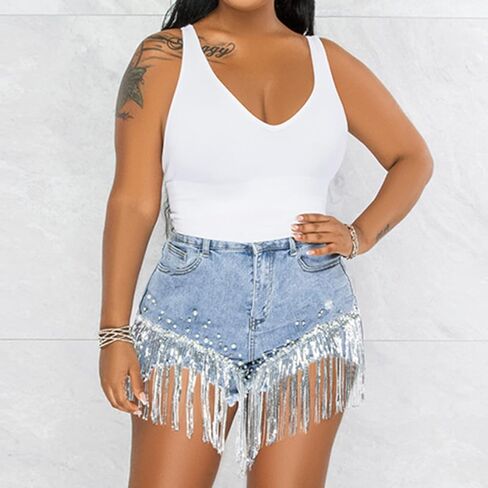 Cyparel شورت دينم نسائي صيفي عالي الخصر ممزق مرصع بأحجار الراين واللؤلؤ شرابات هامشية متوترة خام هيم أزرق شورتات جينز in Kuwait