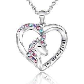 Shonyin Unicorn Necklace for Women Girls CZ Stone Heart Pendant Necklace With You Are Magical Message Christmas Birthday Party Jewelry Gift for Daughter Granddaughter Niece