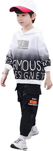 بدلة رياضية للأولاد بغطاء للرأس للأطفال مكونة من قطعتين سويت شيرت رياضي بصبغ التعادل وبنطلون الركض باللون الأسود in Kuwait