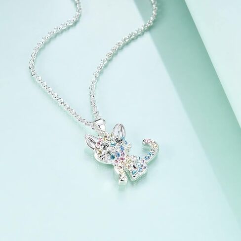 Girls Cat Birthstone Necklace Gifts for Women,Kitty Cats Dog Pendant Necklaces Jewelry for Cat Lovers in Kuwait
