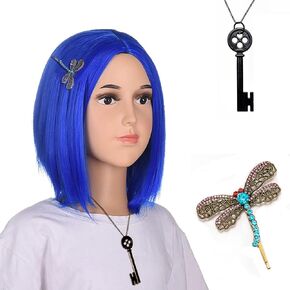 Coraline Blue Bob Wig Costume Women and Girls Halloween Party Short Blue Realistic Cosplay Wig (S2)