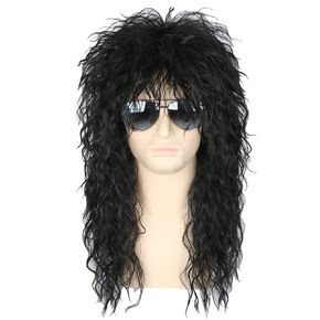 Men’s 80s Wig Black Mullet Wigs Halloween Costume Male Wig Punk Heavy Metal Rocker Wig Curly Long
