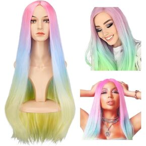 AGPTEK Full Long Curly Wavy Rainbow Hair Wig, Heat Resistant Wig for Music Festival, Theme Parties, Wedding, Concerts, Dating, Cosplay & More