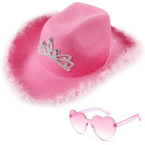 AoMoon Pink Cowgirl Hat with Heart Shaped Sunglasses Crown Tiara Cowgirl Hat for Women Party Pink Cowboy Hat for Girls