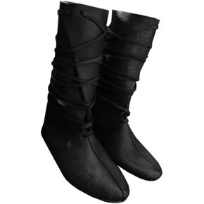 Mens Renaissance Medieval Cosplay Halloween Boots Faux Leather Mid Calf Lace Up Vintage Stage Pirate Viking Tied Shoes