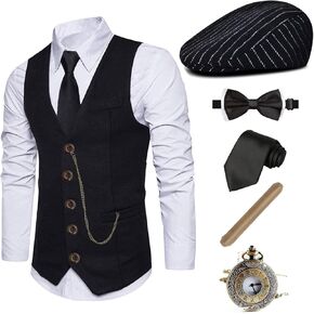 1920s Mens Costume Fedora Hat,Gatsby Gangster Vest,Vintage Pocket Watch,Pre Tied Bow Tie,Tie