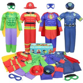 Teuevayl Boys Muscle Chest Dress up Costumes Set Trunk with Superhero, Policeman, Fireman, Kids Pretend Role Play , Boys Dress up Clothes for Kids Ages 4-7