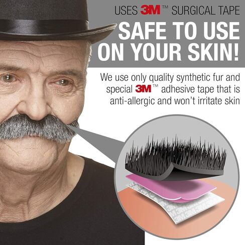 Mustaches Self Adhesive Fake Mustache, Novelty, Rocking Grandpa's False Facial Hair, Costume Accessory for Adults, Black Lustrous Color in Kuwait