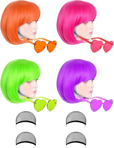 4 Pack Colored Wigs, Funky Colorful Wigs, Short Bob Hair Wigs, Neon Party Wigs, Cosplay Wigs with Rimless Heart Shape Sunglasses - One Size for All Women Kids & Adults Halloween Costume Night Club (Red, Pink, Blue, Green) in Saudi Arabia