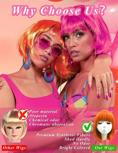 4 Pack Colored Wigs, Funky Colorful Wigs, Short Bob Hair Wigs, Neon Party Wigs, Cosplay Wigs with Rimless Heart Shape Sunglasses - One Size for All Women Kids & Adults Halloween Costume Night Club (Red, Pink, Blue, Green) in Saudi Arabia