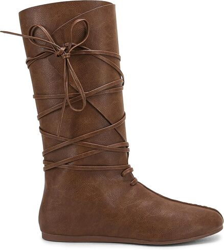 Mens Renaissance Medieval Cosplay Halloween Boots Faux Leather Mid Calf Lace Up Vintage Stage Pirate Viking Tied Shoes in Saudi Arabia