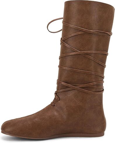 Mens Renaissance Medieval Cosplay Halloween Boots Faux Leather Mid Calf Lace Up Vintage Stage Pirate Viking Tied Shoes in Saudi Arabia