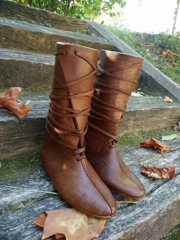 Mens Renaissance Medieval Cosplay Halloween Boots Faux Leather Mid Calf Lace Up Vintage Stage Pirate Viking Tied Shoes in Saudi Arabia