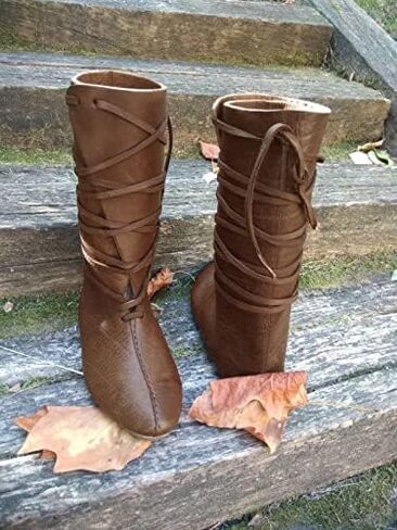 Mens Renaissance Medieval Cosplay Halloween Boots Faux Leather Mid Calf Lace Up Vintage Stage Pirate Viking Tied Shoes in Saudi Arabia