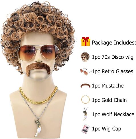6pcs Set 70s 80s Disco wig Short Curly Synthetic Hair Afro Mens Wig for 60s Costume Cosplay Halloween Party in Kuwait