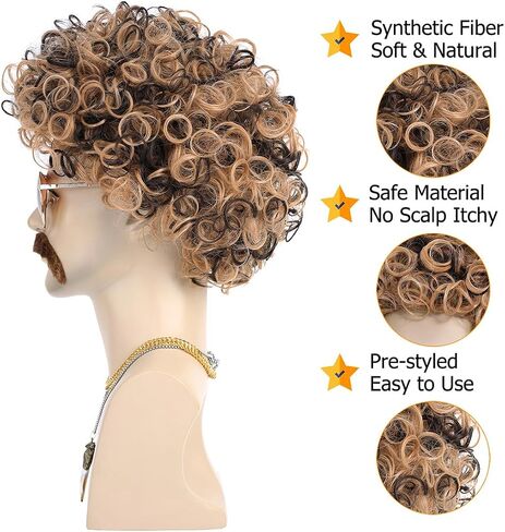 6pcs Set 70s 80s Disco wig Short Curly Synthetic Hair Afro Mens Wig for 60s Costume Cosplay Halloween Party in Kuwait