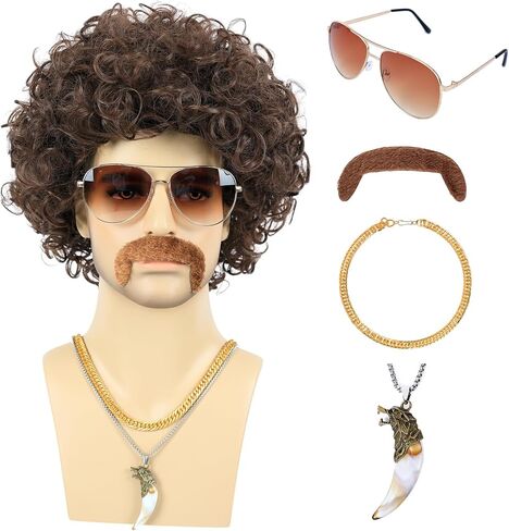 6pcs Set 70s 80s Disco wig Short Curly Synthetic Hair Afro Mens Wig for 60s Costume Cosplay Halloween Party in Kuwait