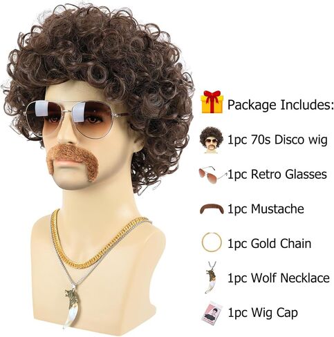 6pcs Set 70s 80s Disco wig Short Curly Synthetic Hair Afro Mens Wig for 60s Costume Cosplay Halloween Party in Kuwait