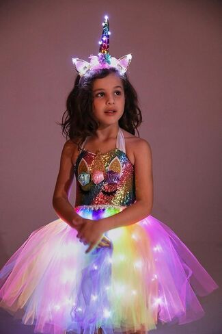 زي Viyorshop للفتيات بتصميم وحيد القرن بإضاءة LED فستان توتو لهدايا عيد الميلاد فستان الأميرة لحفلات الهالوين in Kuwait