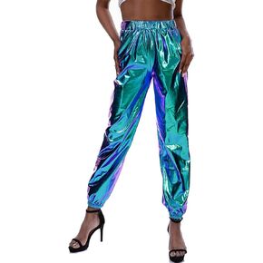 Fenyong Womens Shiny Metallic Pants, Holographic Disco Sweatpant for 70s 80s Alien Space Cowgirl Halloween Costume in Kuwait
