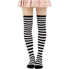DAZCOS Striped Thigh High Socks Elastic Over The Knee Knit Stockings for Christmas Daily and Anime Cosplay