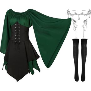 4 Pcs Women Elf Costume Renaissance Traditional Irish Dress Fairy Costume Elf Ear Cuffs for Women Halloween Cosplay Party in Saudi Arabia