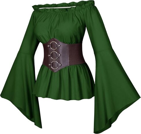 Womens Renaissance Victorian Peasant Ruffle Smocked Waist Boho Pirate Shirt Blouse with Belt Set in Saudi Arabia