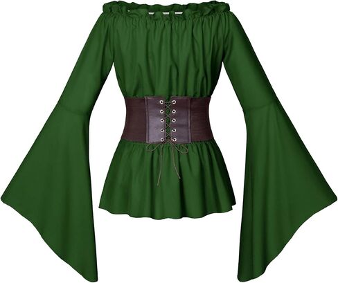Womens Renaissance Victorian Peasant Ruffle Smocked Waist Boho Pirate Shirt Blouse with Belt Set in Saudi Arabia