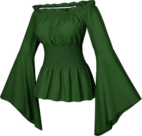 Womens Renaissance Victorian Peasant Ruffle Smocked Waist Boho Pirate Shirt Blouse with Belt Set in Saudi Arabia