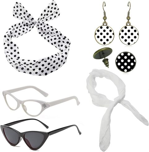 eforpretty 1950's Womens Costume Accessories - 50s Chiffon Scarf,Cat Eye Glasses,Bandana Tie Headband,Drop Dot Earrings in Saudi Arabia