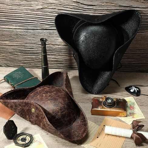 Ramede 2 جهاز كمبيوتر شخصى قبعة هالوين المستعمرة Tricorn قبعة فو الجلود القراصنة قبعة البني والأسود المتعثرة نمط قبعة للكبار تأثيري حفلة تنكرية زي الملحقات دور اللعب الدعائم موضوع القراصنة in Saudi Arabia