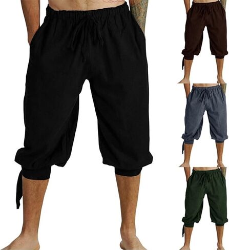 GRAJTCIN Mens Medieval Pirate Linen Costume Shorts, Renaissance Viking Lace Up Cosplay Pants in Kuwait