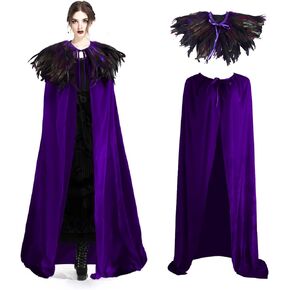 Unisex Solid Color Velvet Adult Cape with Real Natural Gothic Feather Cape