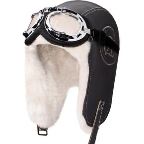 Peicees Aviator Hat with Goggles for Adult Kids Pilot Cap Vintage Goggles Costume with Fur Ear Flaps Winter Trapper Hat Warm