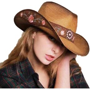 Cowboy Hats for Women, Brown Cowgirl Hats Classic Straw Western Hats for Women Music Festival Party Beach. in Saudi Arabia