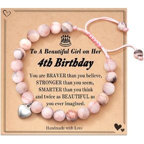 FYUKISS 4-21 Year Old Birthday Gifts for Girls, Pink Zebra Natural Stone Bracelet with Sweet Heart Charm and Message Card for Daughter/Granddaughter/Niece