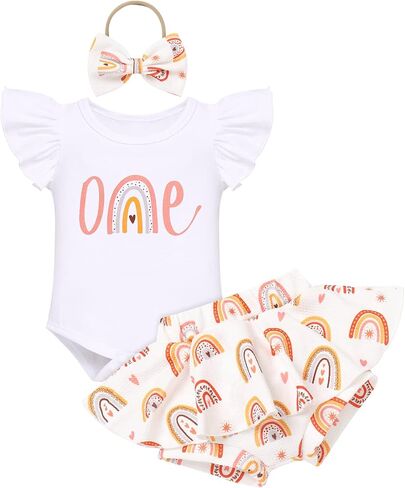 IMEKIS Baby Girls 1st Birthday Outfit Sunflower Peach Romper + Ruffled Shorts + Headband Set for Cake Smash Photo Shoot in Saudi Arabia