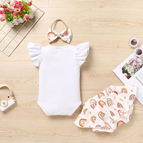 IMEKIS Baby Girls 1st Birthday Outfit Sunflower Peach Romper + Ruffled Shorts + Headband Set for Cake Smash Photo Shoot in Saudi Arabia