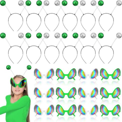 Yuxung 48 Pcs Alien Glasses and Headband Set Alien Rainbow Lens Sunglasses Silver Green Glasses Boppers Antenna Glitter Martian Headband for Space Theme Party Favors Halloween Adult Kid in Kuwait