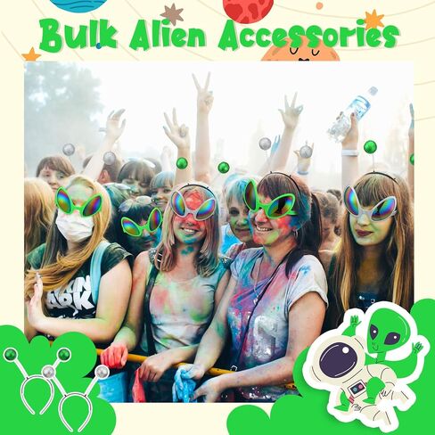 Yuxung 48 Pcs Alien Glasses and Headband Set Alien Rainbow Lens Sunglasses Silver Green Glasses Boppers Antenna Glitter Martian Headband for Space Theme Party Favors Halloween Adult Kid in Kuwait