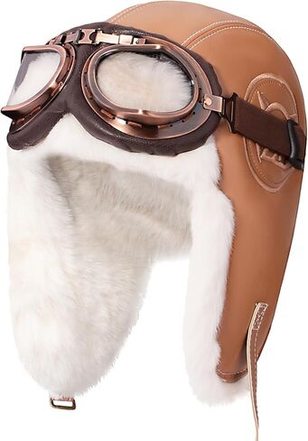 Peicees Aviator Hat with Goggles for Adult Kids Pilot Cap Vintage Goggles Costume with Fur Ear Flaps Winter Trapper Hat Warm in Kuwait