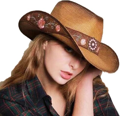 Cowboy Hats for Women, Brown Cowgirl Hats Classic Straw Western Hats for Women Music Festival Party Beach. in Saudi Arabia