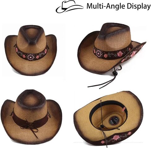 Cowboy Hats for Women, Brown Cowgirl Hats Classic Straw Western Hats for Women Music Festival Party Beach. in Saudi Arabia