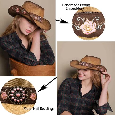 Cowboy Hats for Women, Brown Cowgirl Hats Classic Straw Western Hats for Women Music Festival Party Beach. in Saudi Arabia