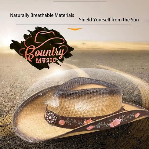 Cowboy Hats for Women, Brown Cowgirl Hats Classic Straw Western Hats for Women Music Festival Party Beach. in Saudi Arabia