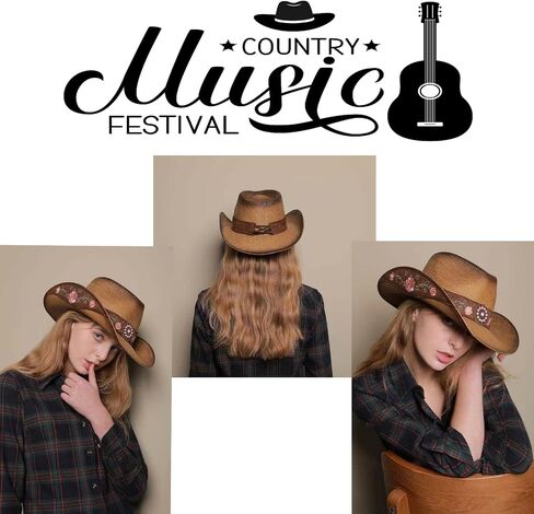 Cowboy Hats for Women, Brown Cowgirl Hats Classic Straw Western Hats for Women Music Festival Party Beach. in Saudi Arabia