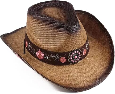 Cowboy Hats for Women, Brown Cowgirl Hats Classic Straw Western Hats for Women Music Festival Party Beach. in Saudi Arabia